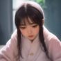 苹果视频主编林夏的工作照，短发女性，面带专注神情，坐在堆满笔记本的工作台前，背景是贴满便利贴的白板